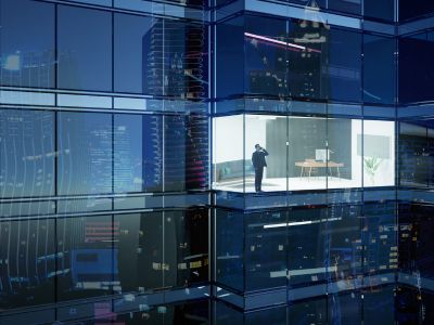 Uomo all'interno di un building finanziario