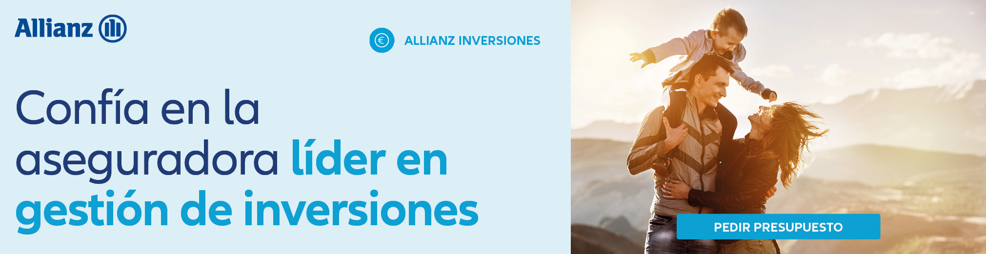Banner de Allianz Inversiones con imagen de padres jugando con su hijo en la montaña
