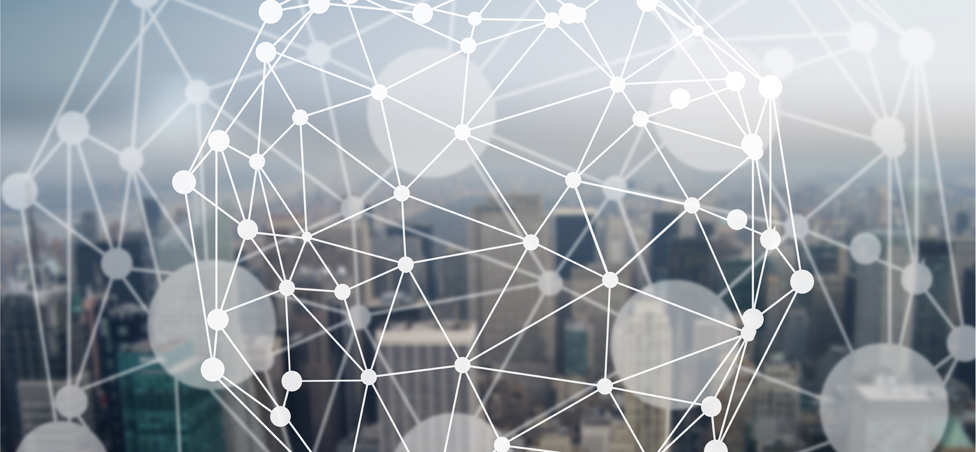 Ein Ausblick auf eine Stadt mit einem weißen virtuellen netzwerk bestehend aus Punkten und Linien.