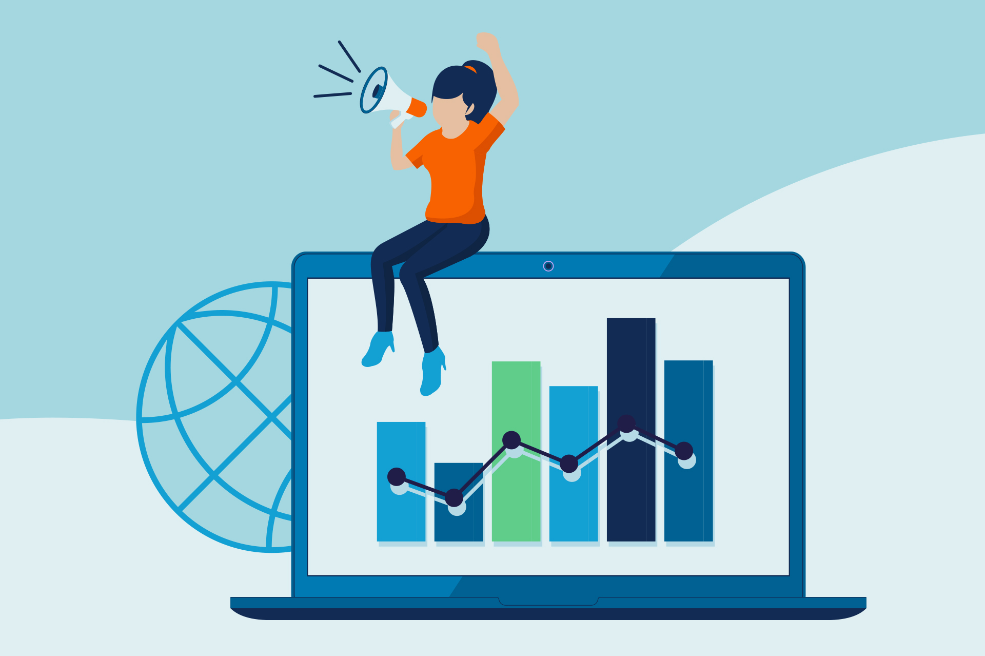 Das Bild ist eine Illustration. Der Hintergrund ist durch eine Art Welle in der Mitte geteilt. Die obere Hälfte ist ein dunkleres hellblau, die untere Hälfte ein helles Hellblau. Mittig steht ein Laptop mit Balken- und Liniendiagramm. Links hinter dem Laptop schaut eine Weltkugel hervor. Auf dem Laptop sitzt eine Frauenfigur mit schwarzen Haaren, orangenem T-Shirt und schwarzer Hose mit Megafon in der Hand und dem rechten Arm jubelnd über den Kopf gestreckt.