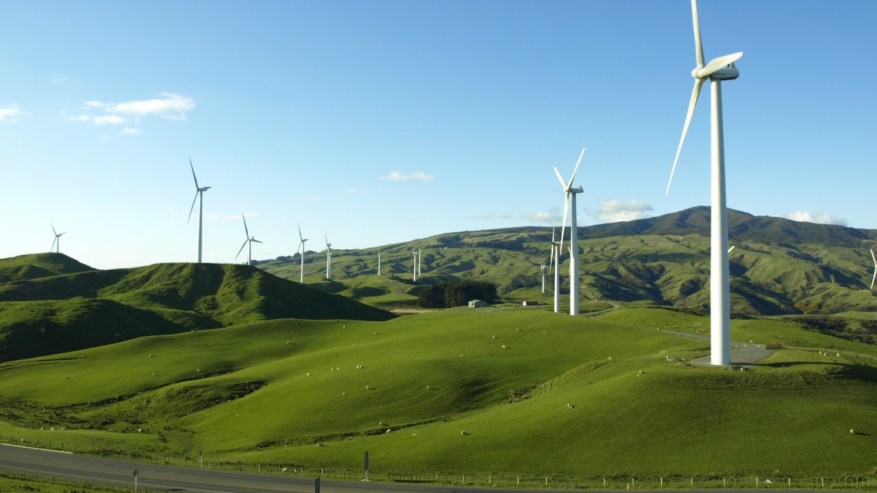 Sustainability picture with green fields and windmills