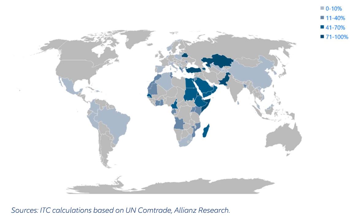Map of the world that shows the percentage of wheat imports from Russia and Ukraine