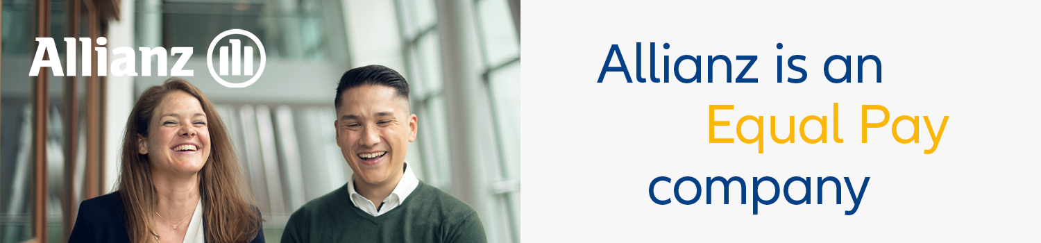 Two smiling Allianz employees, a man and a woman. Next to them is the text "Allianz is an Equal Pay" company