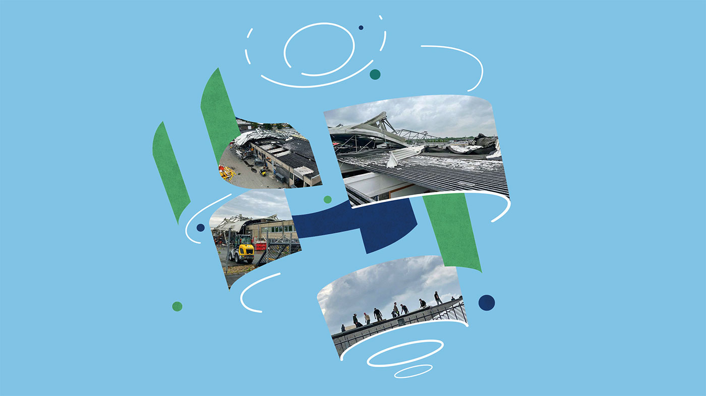 Collage aus Schadensbildern, die in Wirbelform angeordnet sind