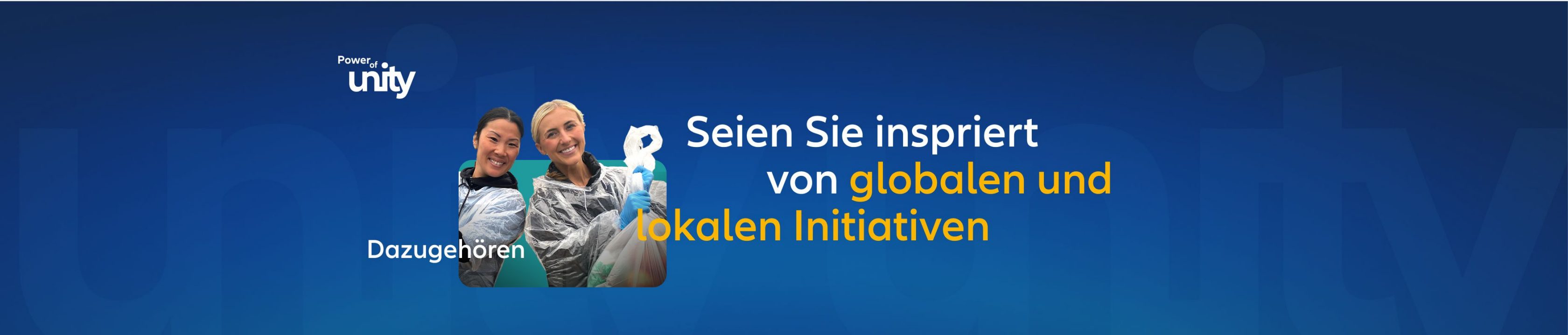 Zwei Frauen in Aktion beim Verteilen von Nahrung an Bedürftige, als Symbol für Gemeinschaft und Zugehörigkeit mit den Worten: "Seien sie inspiriert von globalen und lokalen Initiativen“