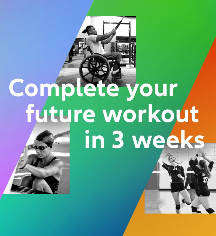 Collage of three images of athletes preparing, practising and playing, divided into three different coloured sections. Headline:  Get future trained in 3 weeks