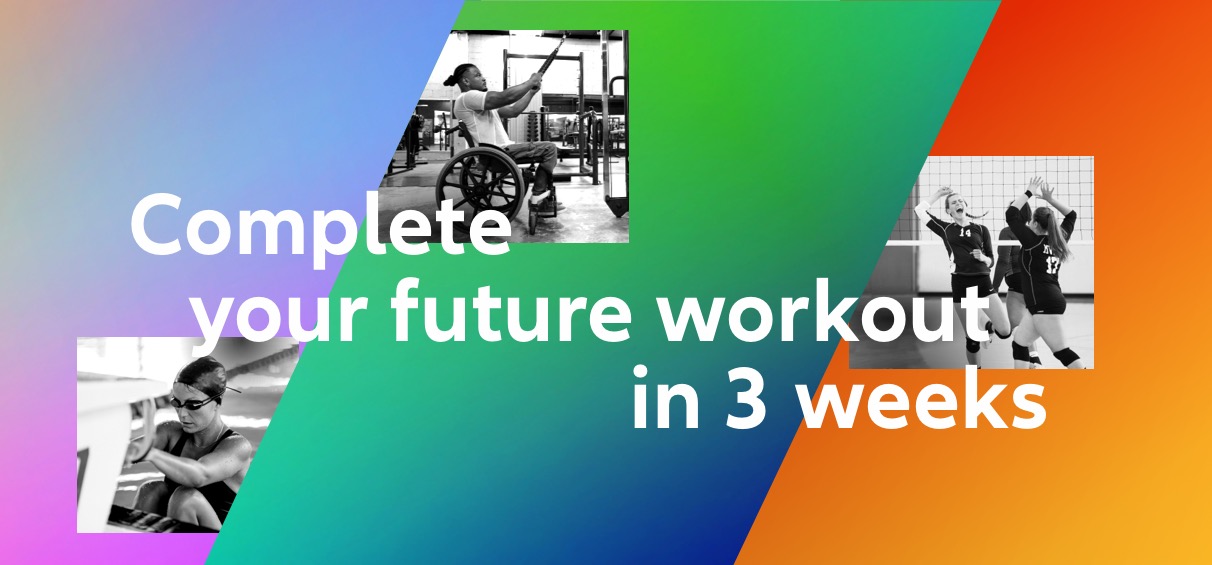 Collage of three images of athletes preparing, practising and playing, divided into three different coloured sections. Headline:  Get future trained in 3 weeks