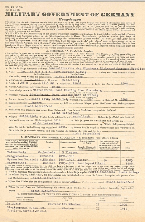 Report form to obtain information – here on former Allianz director general Kurt Schmitt – for the denazification procedure