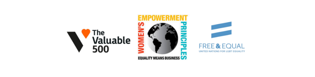Logos of Allianz's diversity and inclusion partnerships: The Valuable 500, Women's Empowerment Principles, and Free & Equal: United Nations for LGBT Equality