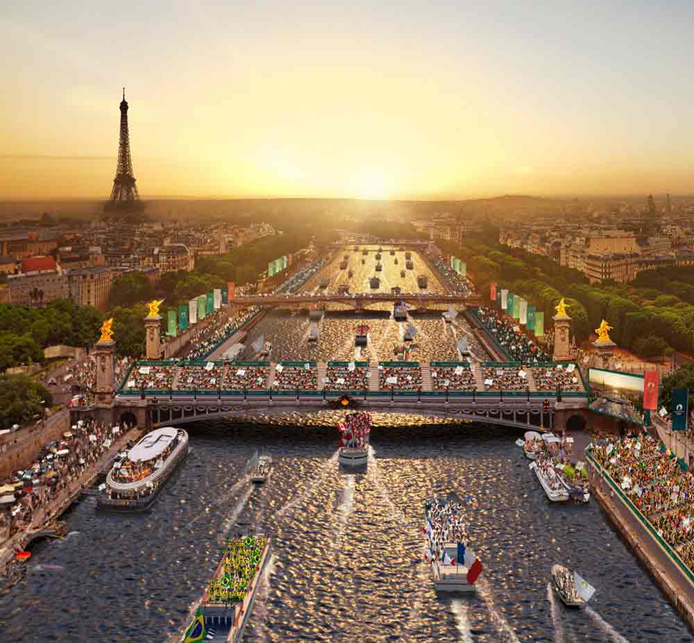 A view of the Olympic event happening across the bridge on the Seine River and Eiffel Tower in the background