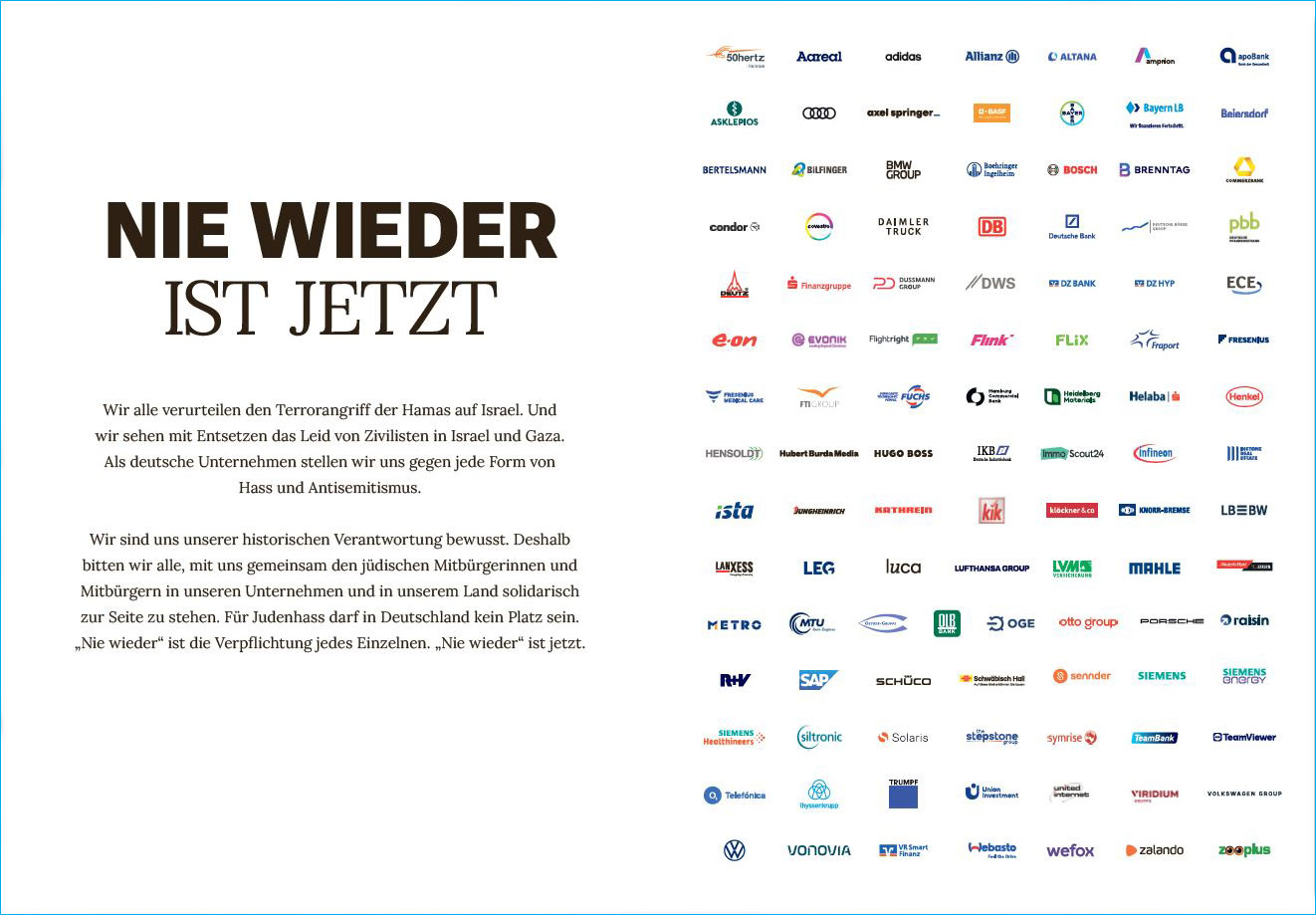 In a pledge published on October 22, 2023, Allianz joined other German companies in asking everyone to stand shoulder-to-shoulder with our fellow Jewish citizens, within our companies and across our country, in a spirit of solidarity.