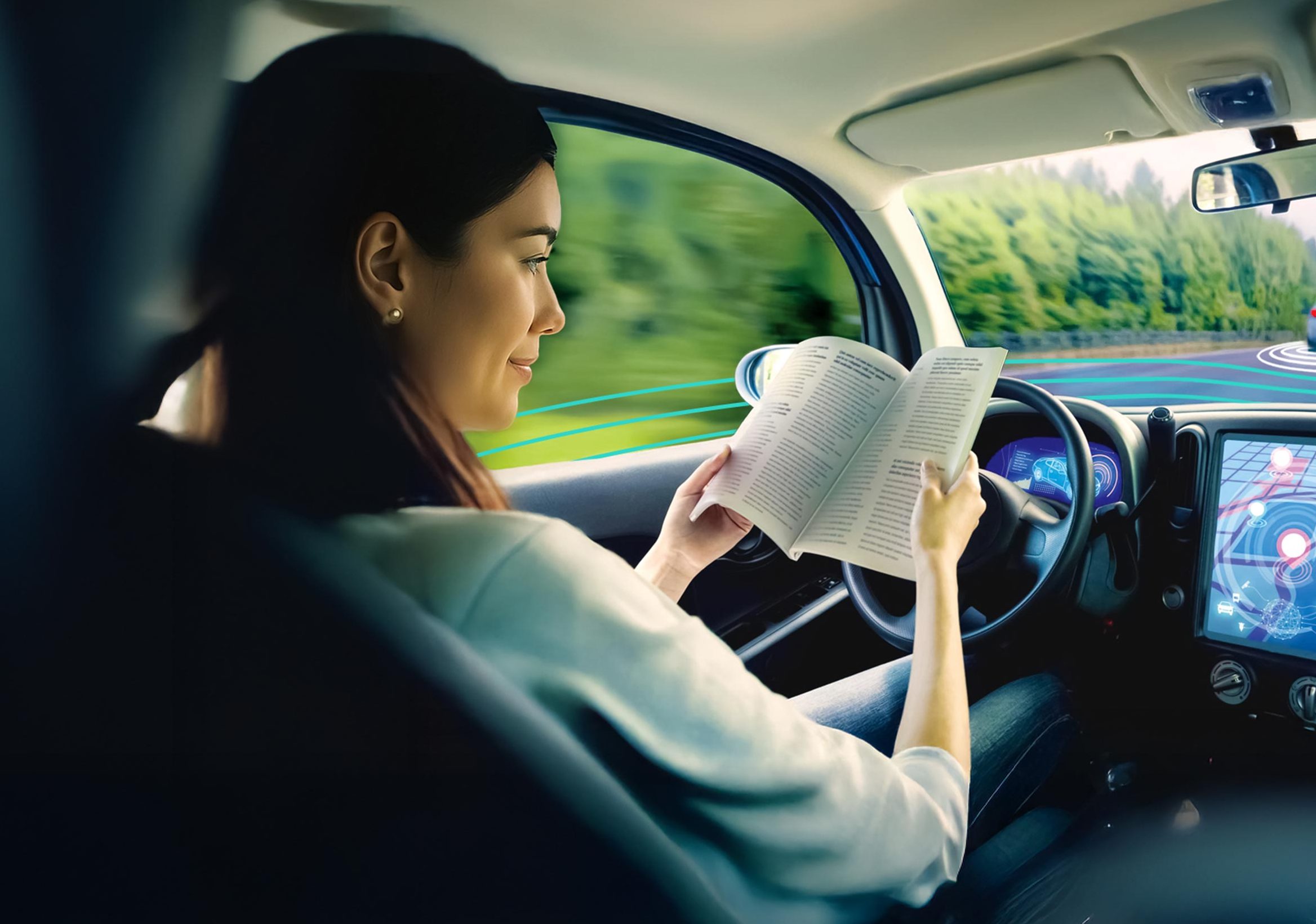 Woman reading a book in a self-driving car – a symbol of the comfort and safety of automated driving technology.