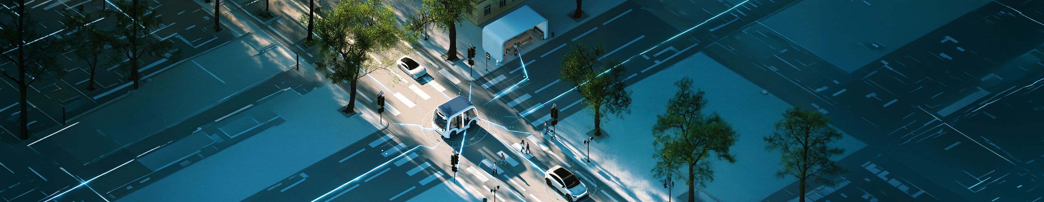 Connected autonomous vehicles and shuttle operating within a smart urban mobility network.