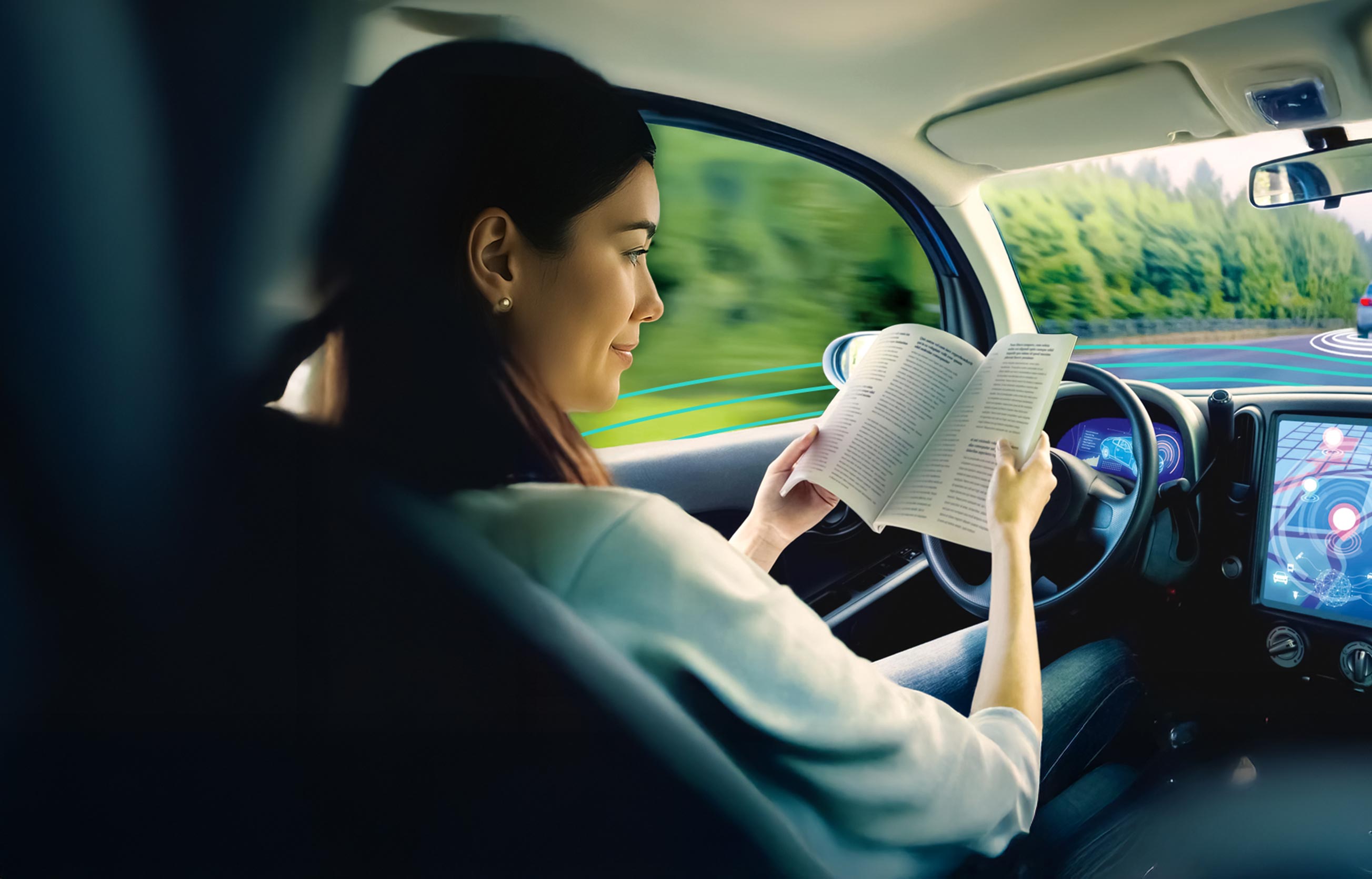 Woman reading a book in a self-driving car, representing the comfort and safety of automated driving technology.