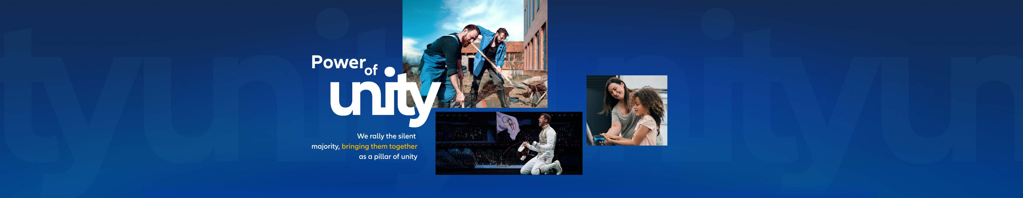 Power of Unity collage of different actions and thought leaders to rally the silent majority, bringing them together as a pillar of unity