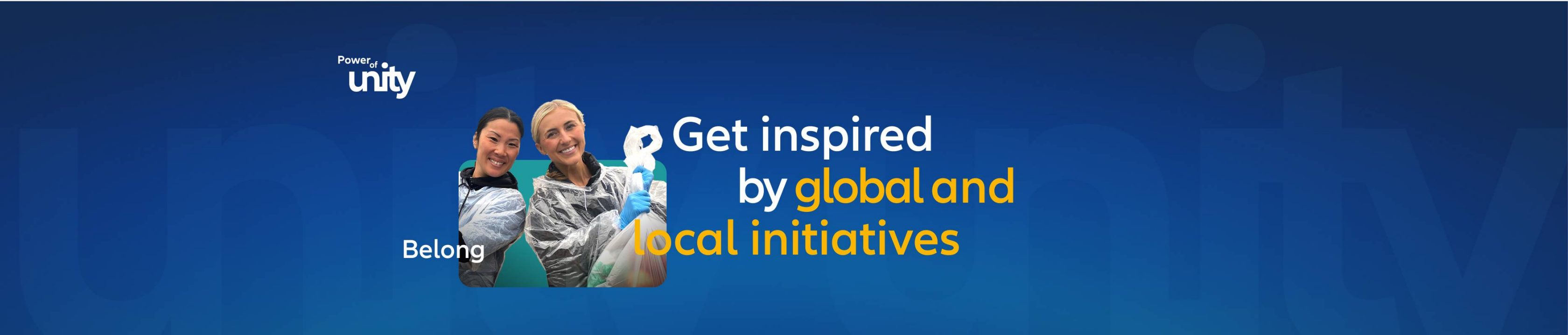 Two women in action of distributing nurition to people in need, symbolizing community and belonging with the words: 'Get inspired by global and local initiatives.'