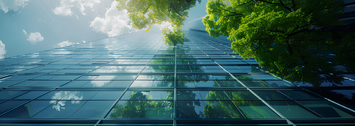 office building with tree for reducing carbon dioxide
