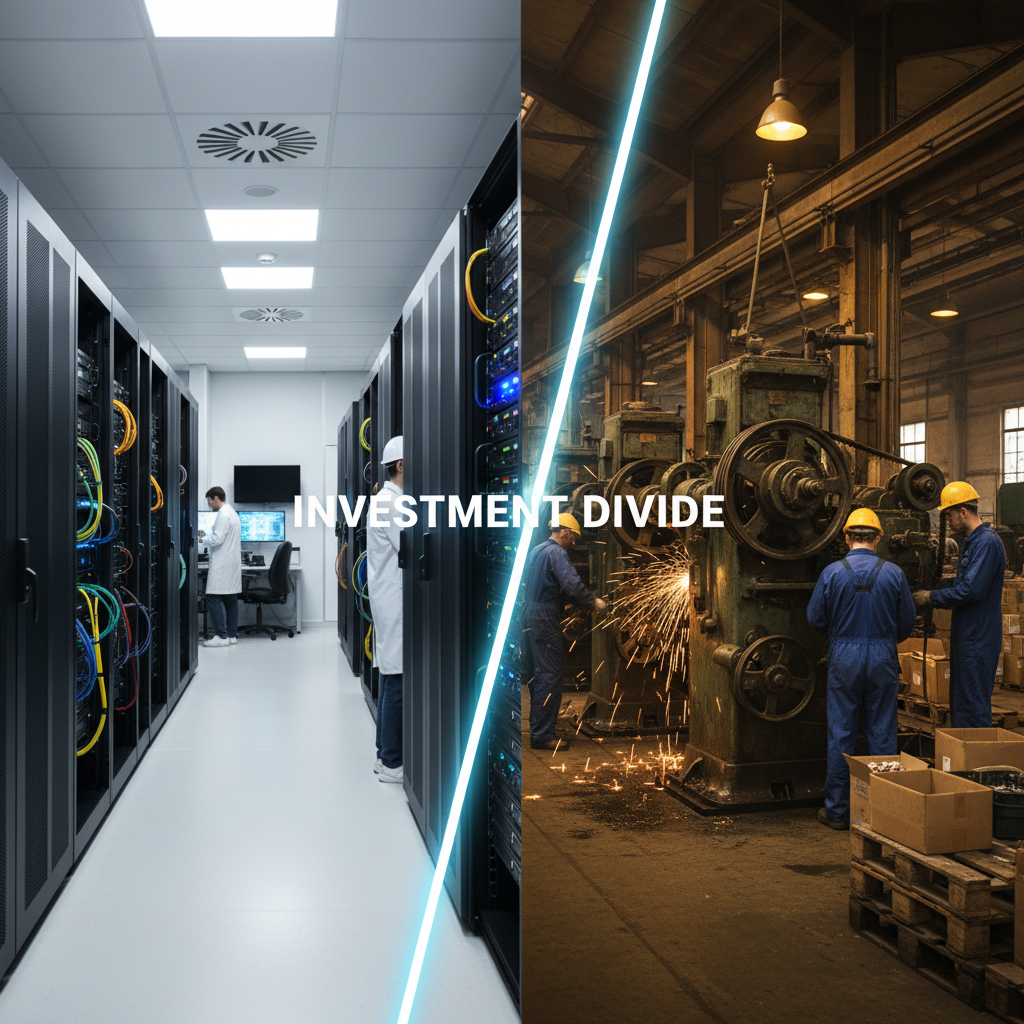 分割畫面比較高科技伺服器機房與傳統重工業工廠，象徵 2026 年產業的投資鴻溝與資本支出差異。