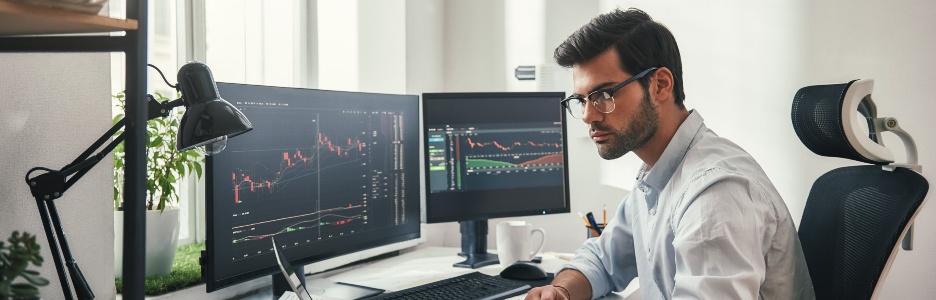 Imagen de un hombre trabajando con varios equipos portátiles 