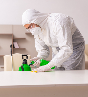 Imagen de obrero de control de plagas con traje protector pulverizando insecticida para limpiar casa de insectos