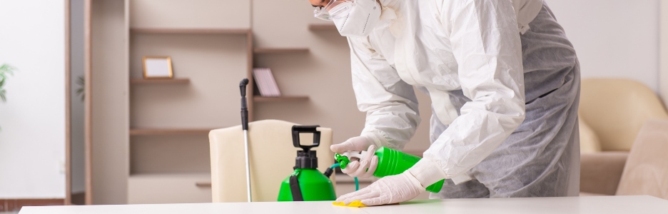 Imagen de obrero de control de plagas con traje protector pulverizando insecticida para limpiar casa de insectos