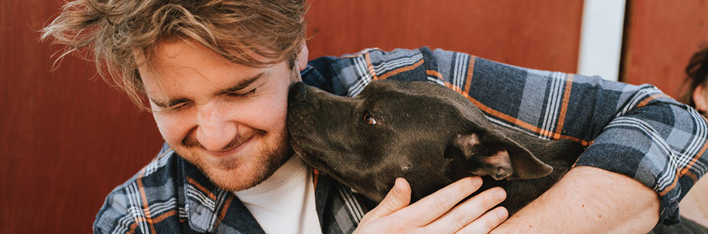Imagen de un perro lamiendo la cara a un hombre