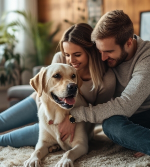 Imagen de gente feliz en casa con amor de mascota favorita y amistad de pragma humano y animal