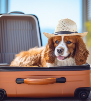 Imagen de un perro descansando en una maleta de viaje