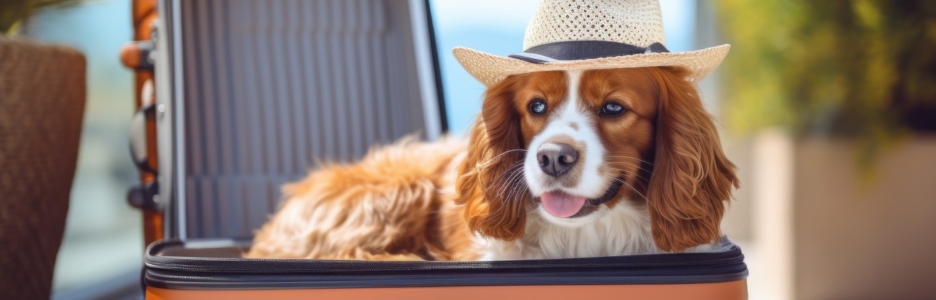 Imagen de un perro descansando en una maleta de viaje